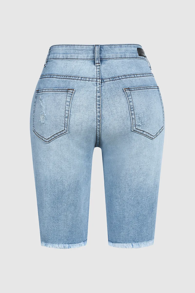 Ripped Raw Hem Denim Bermuda Shorts