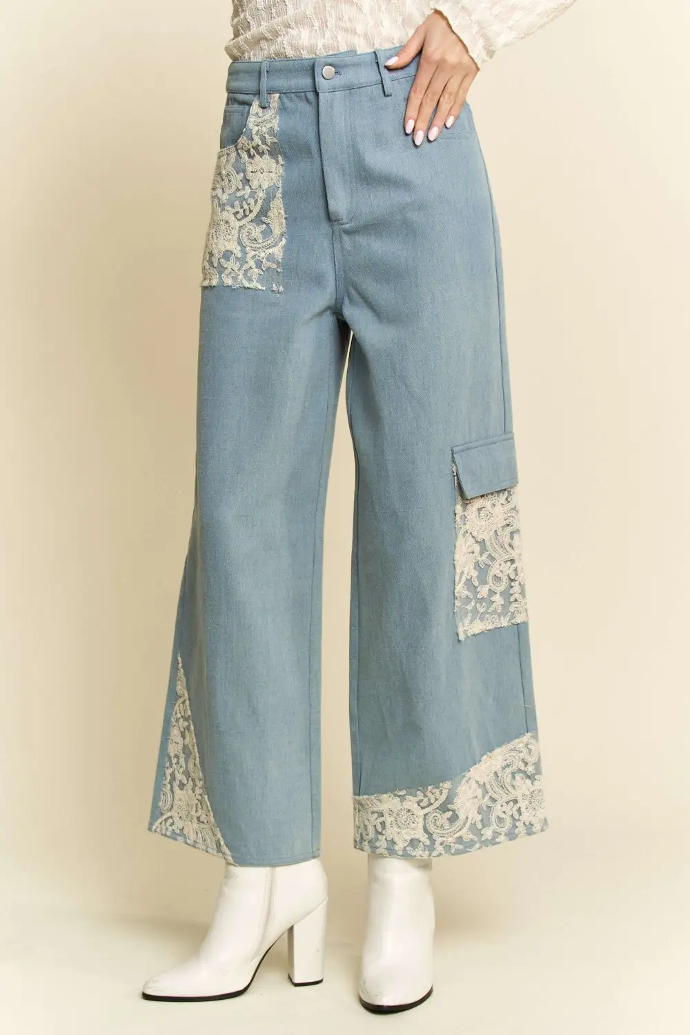 Lace Applique Wide Leg Denim Jeans