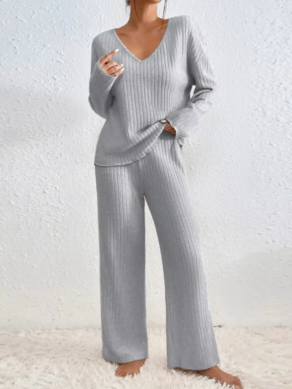 Ribbed Knit V Neck Top and Pants Set