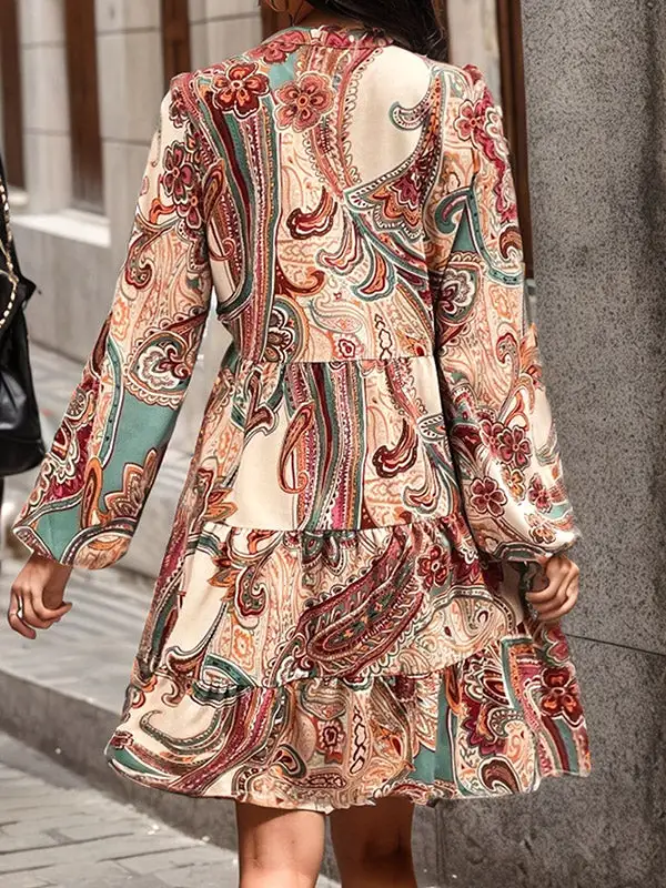 Long Sleeve Relaxed Buttoned Flower Print Split Joint V Neck Mini
