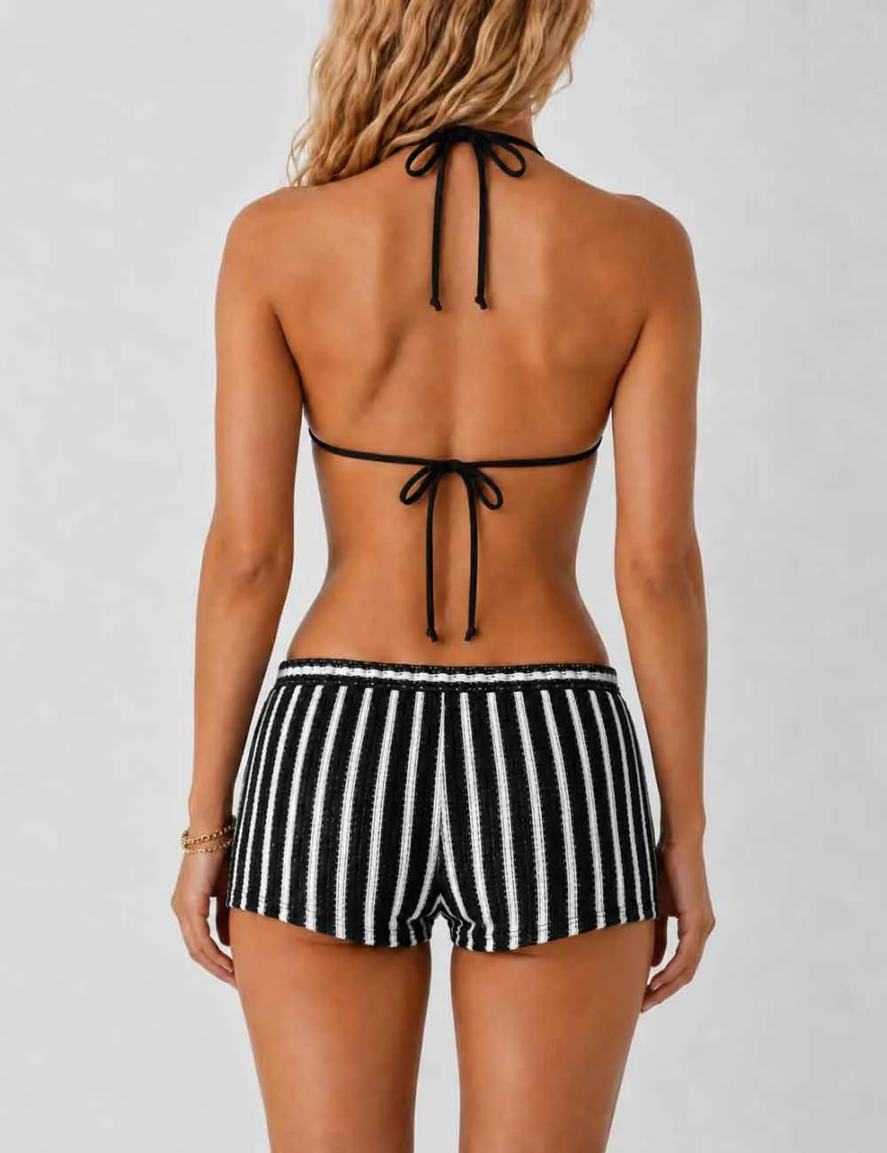 Crochet Triangle Three Piece Bikini Set with Cover Up Shorts