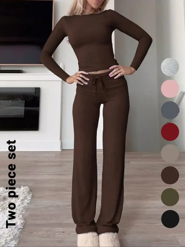 Women's Solid Color Long Sleeve Crop Tee & High-Waisted Drawstring Pants Set, Casual Everyday Slim Fit Outfit for Fall & Winter Seasons