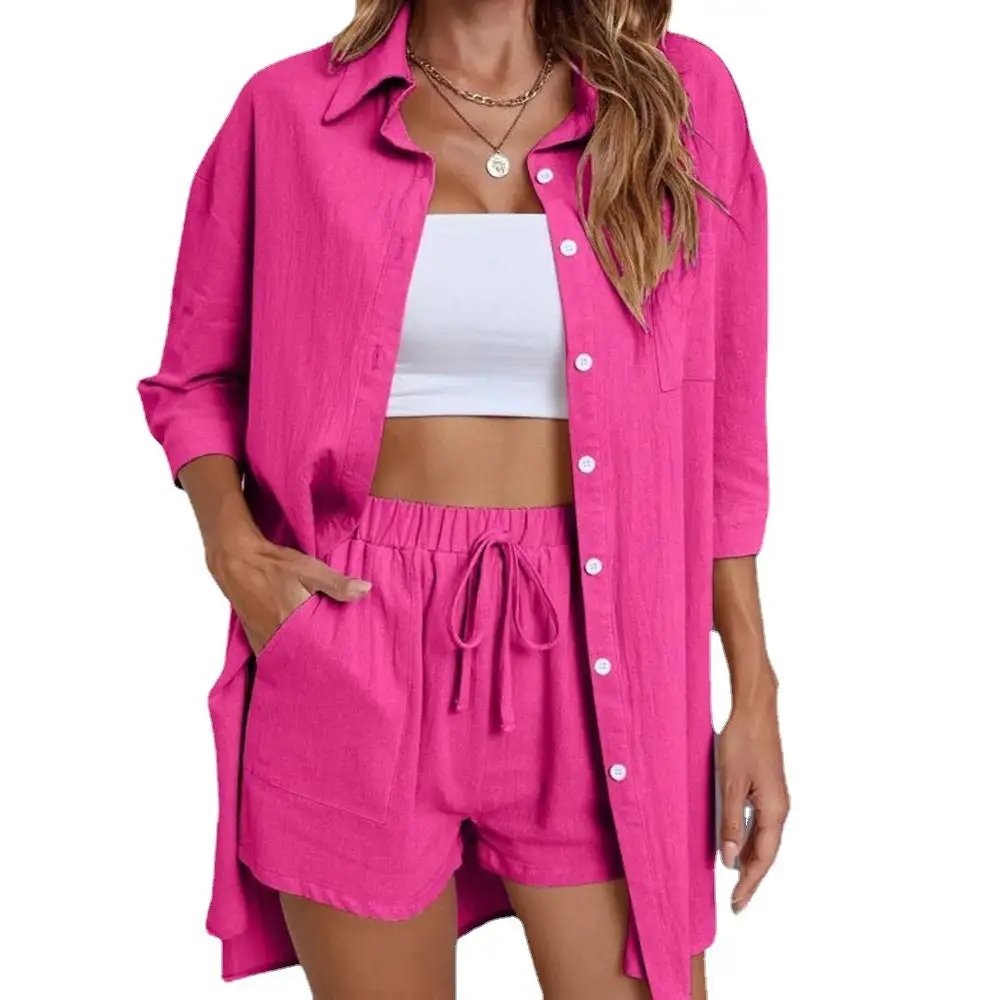 Pajama Set with Drawstring Shorts and Three Quarter Length Shirt