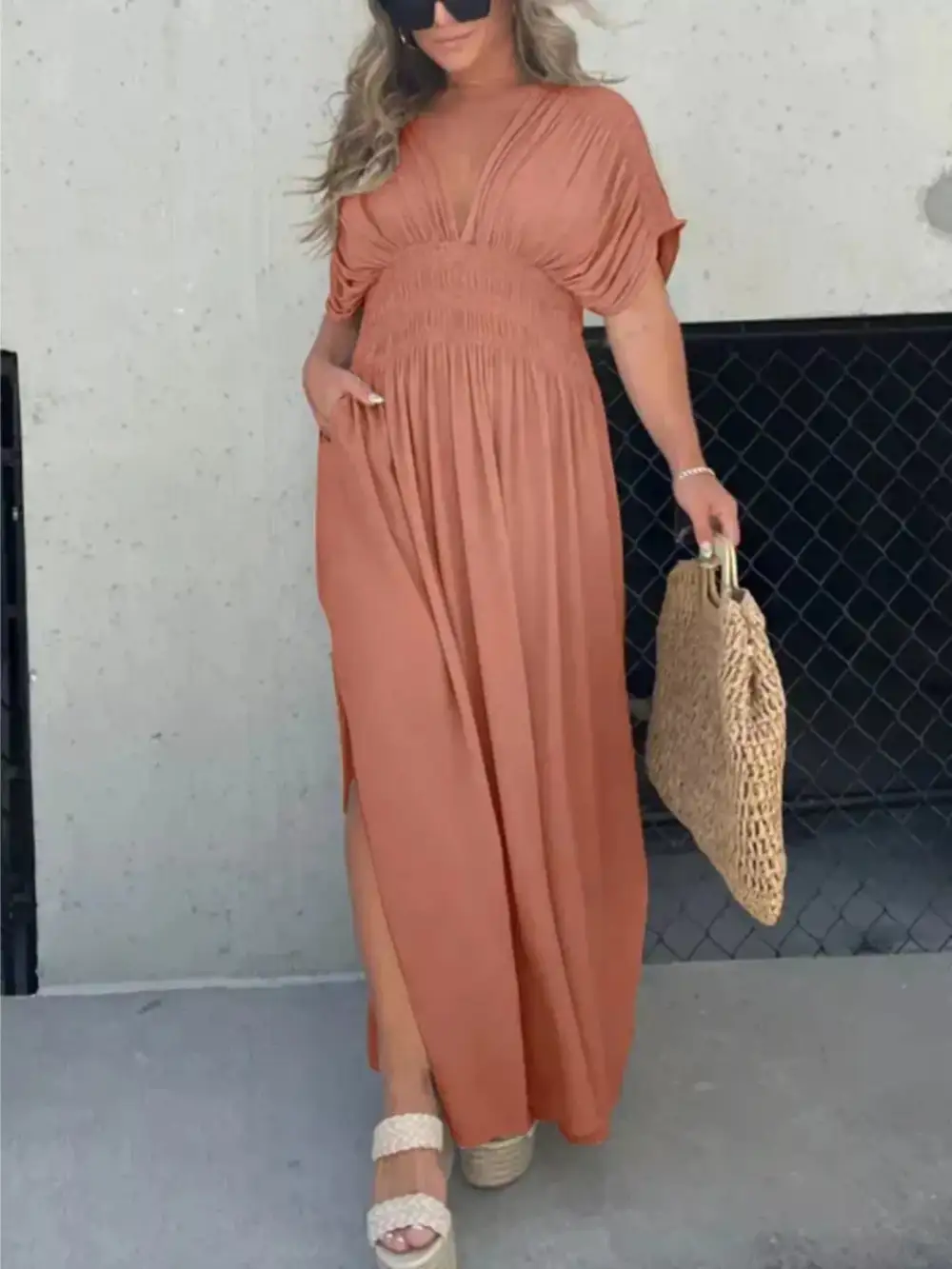 V Neck Smocked Slit Maxi Dress