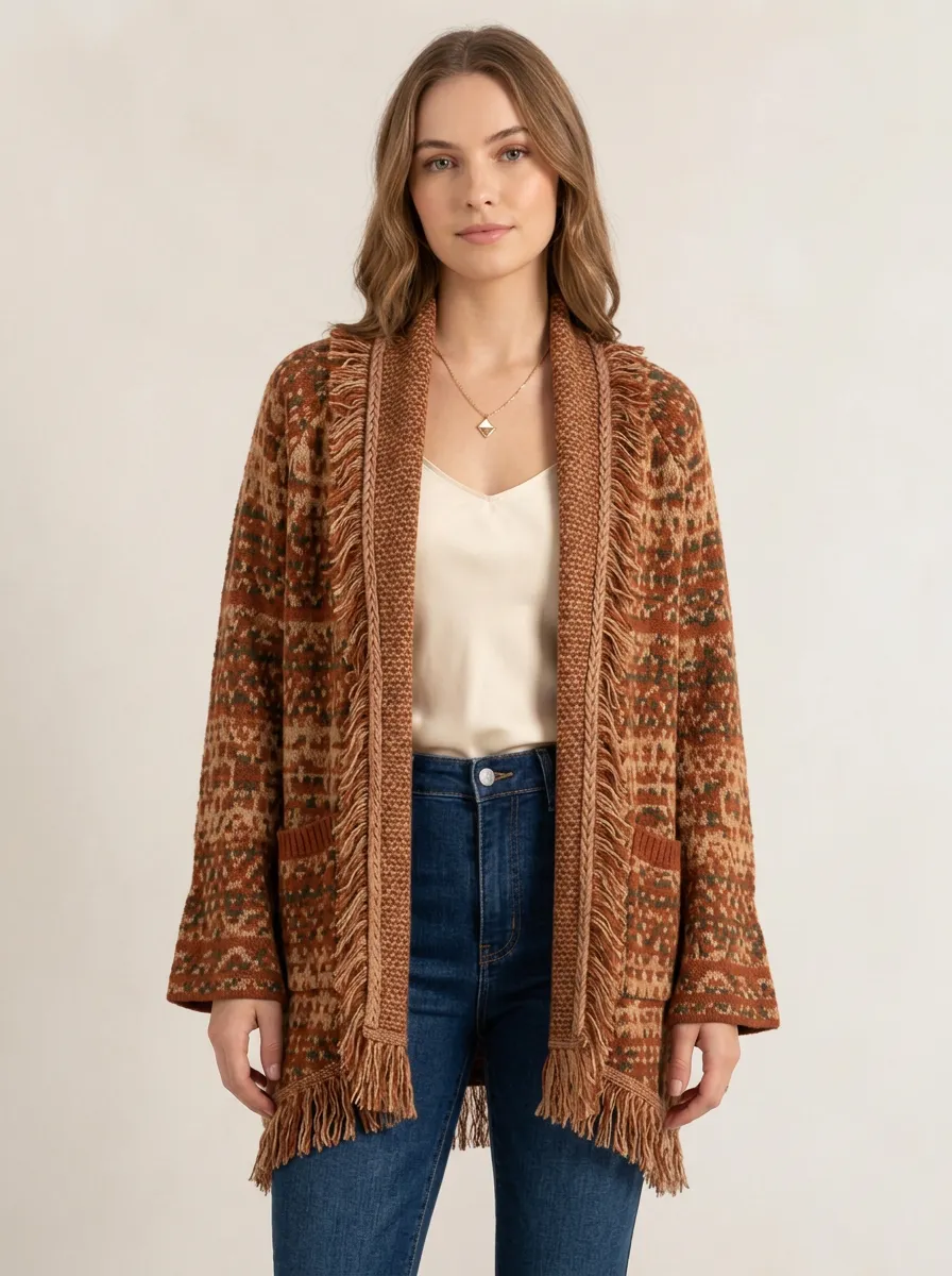Women's Boho Geometric Pattern Fringed Knitted Cardigan