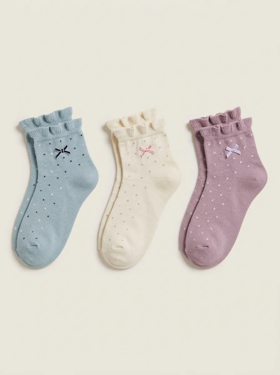 Women's Assorted Polka Dot Bow Ruffle Ankle Socks 3-Pack