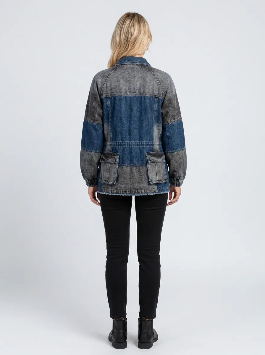 Women's Casual Fashion Colorblock Washed Denim Jacket