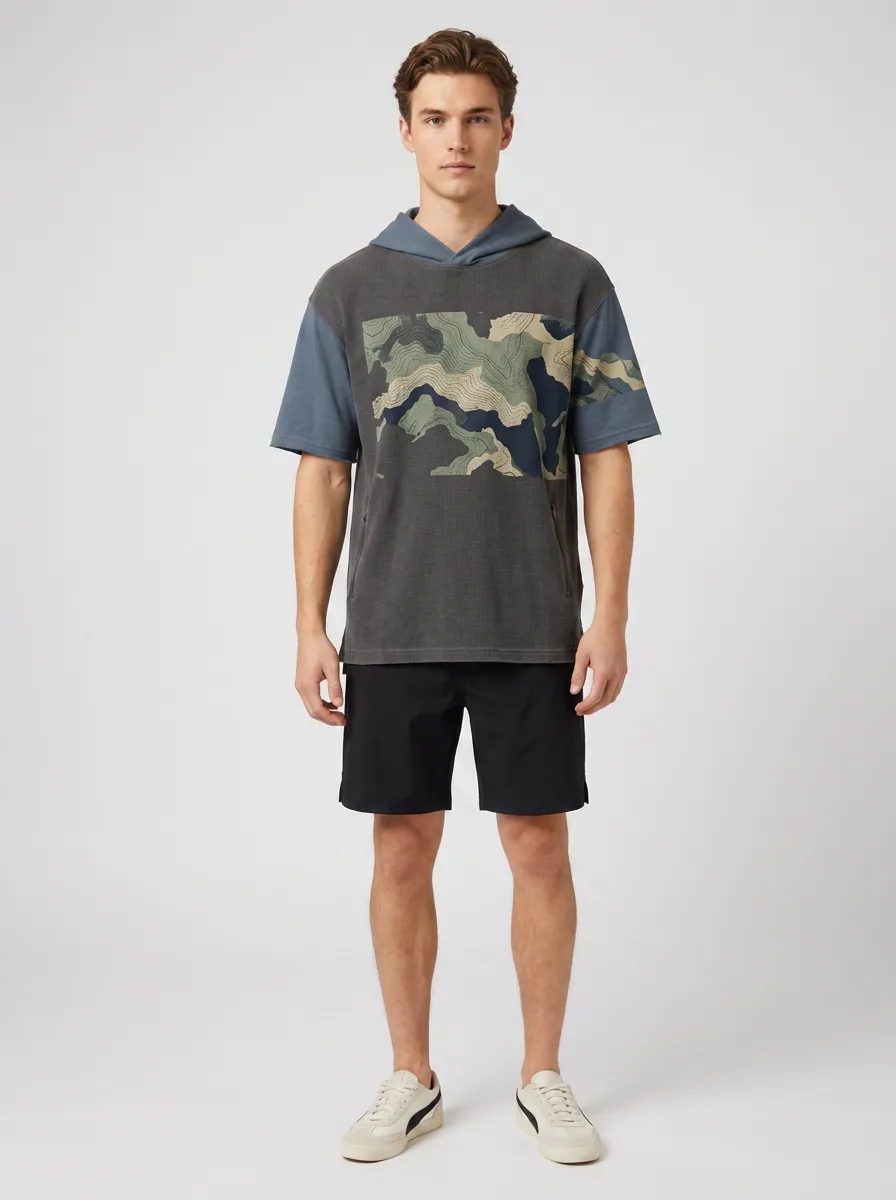 Men's Outdoor Adventure Camo Topographic Printed Hooded T-shirt