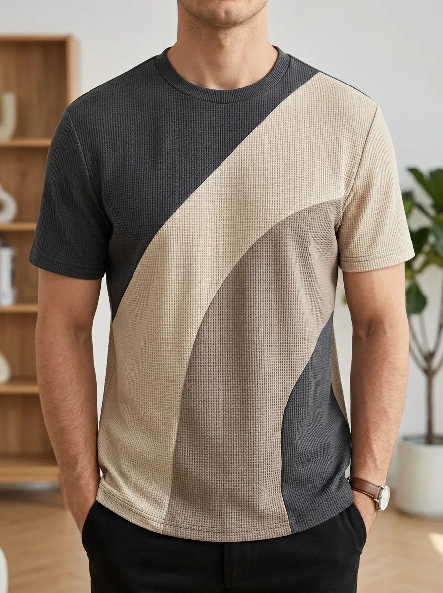 Men's Casual Colorblock Waffle Knit Signature Crew Neck T-Shirt