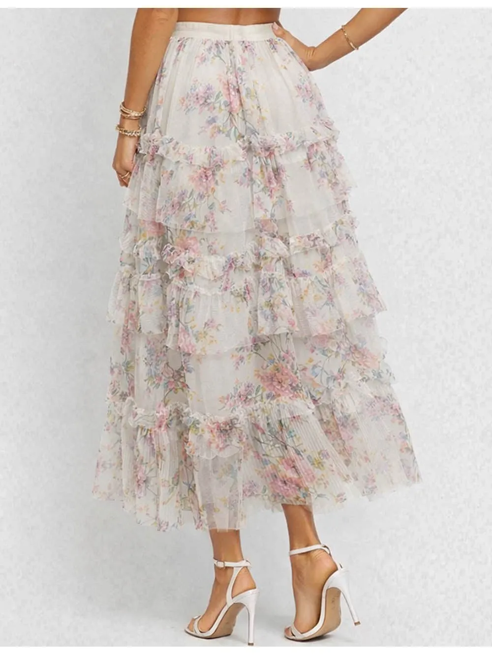 Faux Pearl Elastic Waist Tulle Maxi Skirt