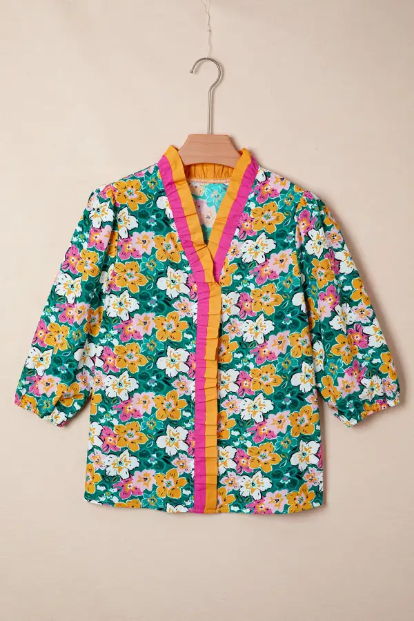 Green Floral Print Contrast Trim Frilled V Neck 3/4 Sleeve Blouse