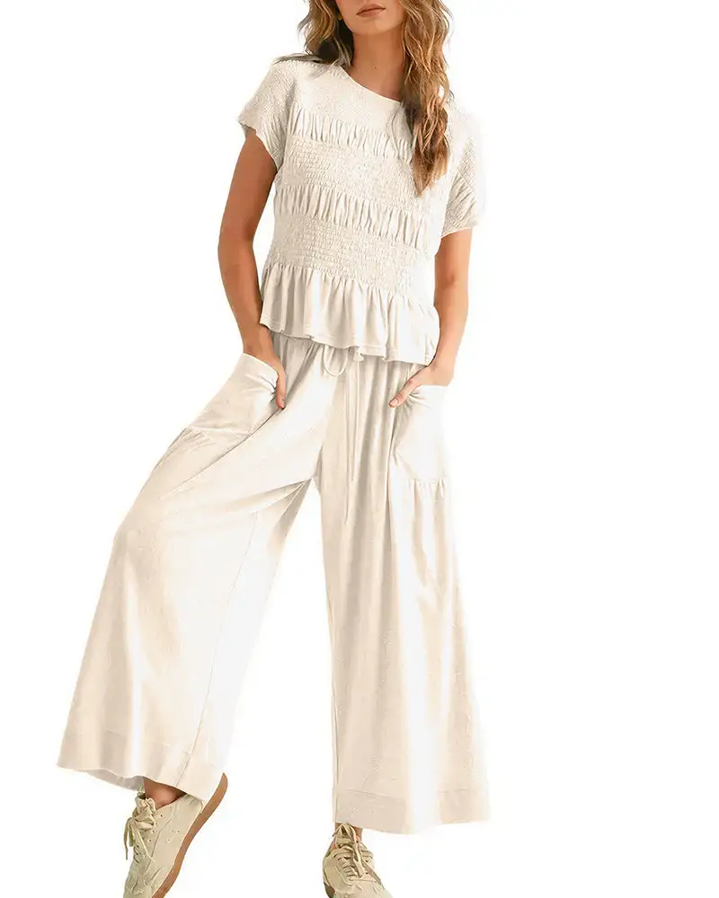 Smocked Peplum Top and Wide Leg Pants Two-Piece Set