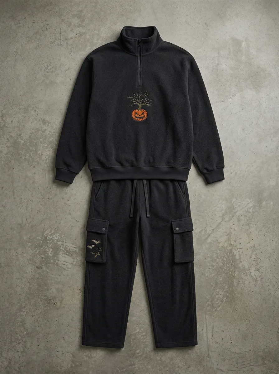 Men's Pumpkin-Tree-Bat Embroidered Quarter-Zip-Pullover & Cargo-Joggers Two-Piece Set