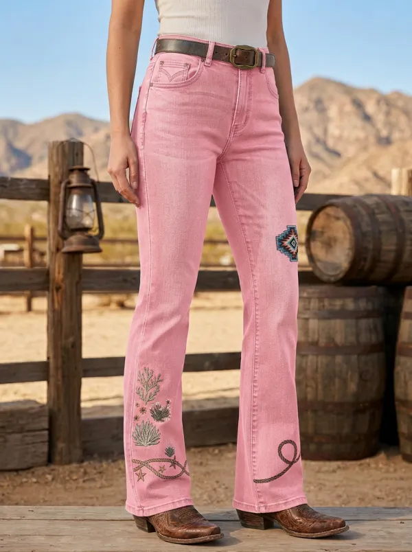 Women's Western Cowboy Desert Plant Embroidered Printed Jeans