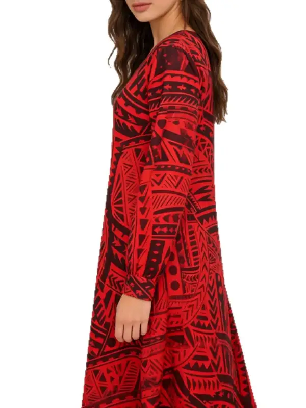 Geometric Print Ribbed V Neck Dress Casual