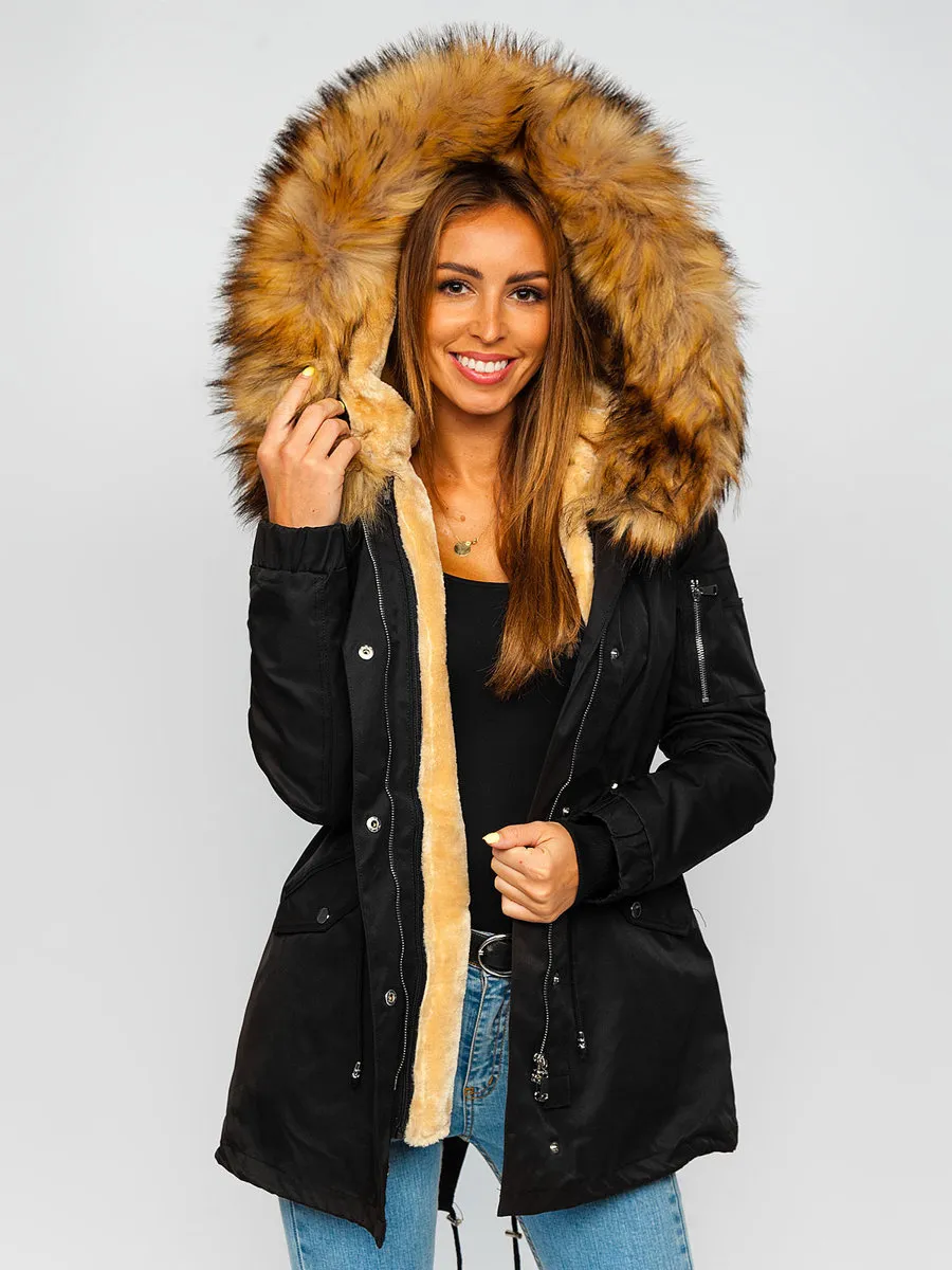 Black women's winter parka jacket with hood