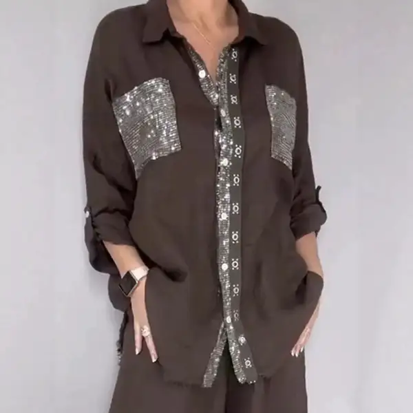 Wide-Leg Long-Sleeve Lapel Women's Matching Set