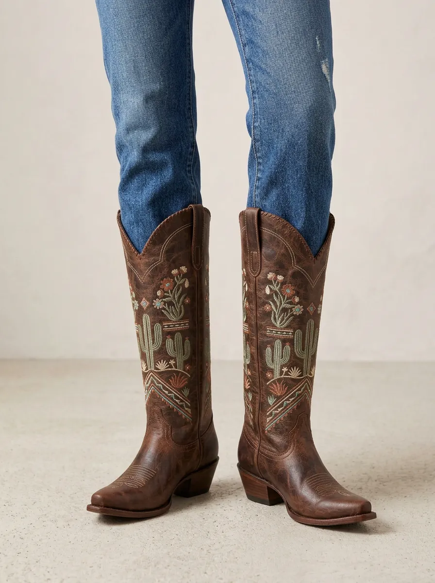 Women's Western Cactus Floral Denim Over-the-Knee Boots