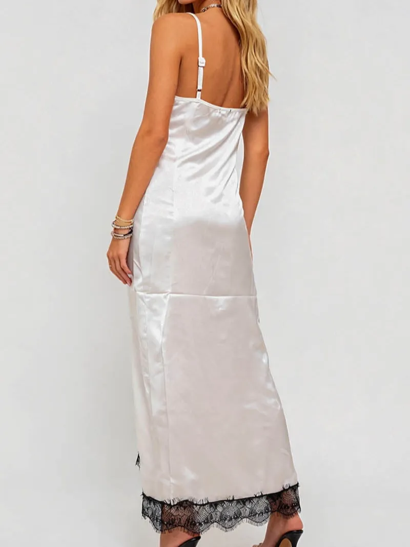V Neck Lace Trim Spaghetti Strap Satin Maxi Dress