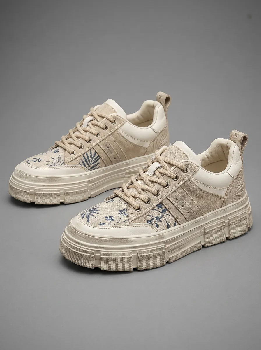 Men's Botanical Floral Beige Printed Sneakers