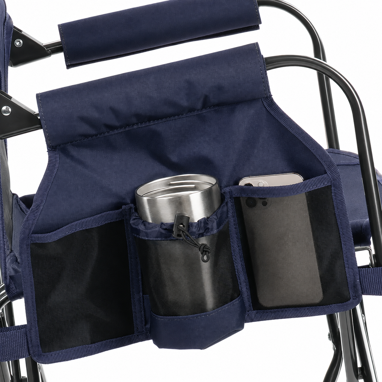 Chair side storage, cup holder and phone pocket