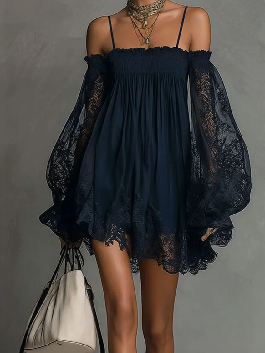 Off Shoulder Lace Trim Exquisite Mini Dress
