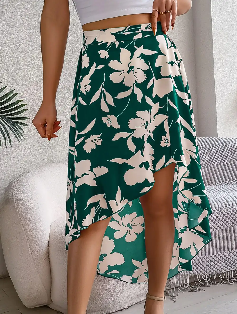 Floral Ruffle Irregular Midi Skirt