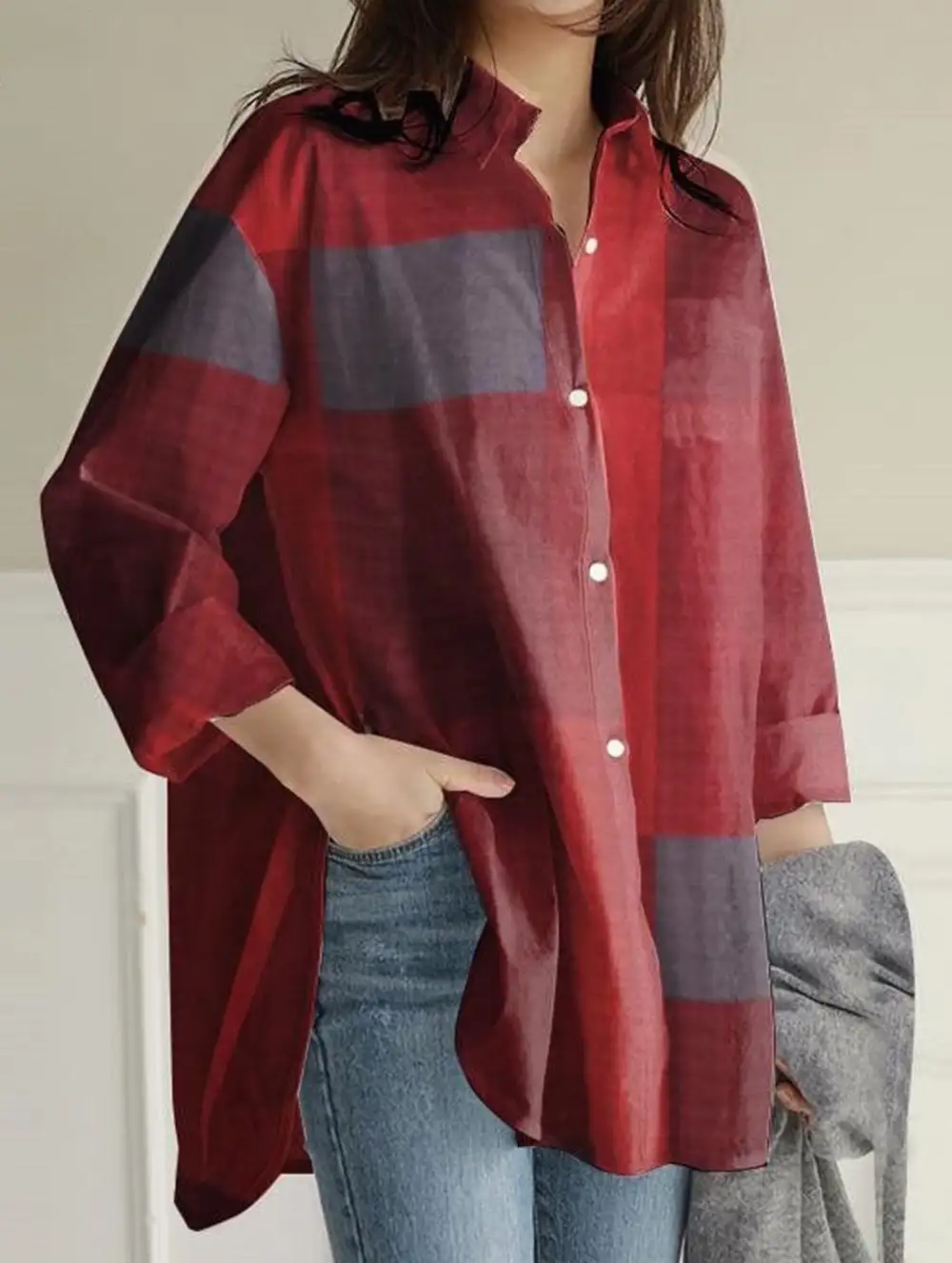 Long-Sleeved Plaid Irregular Shirt