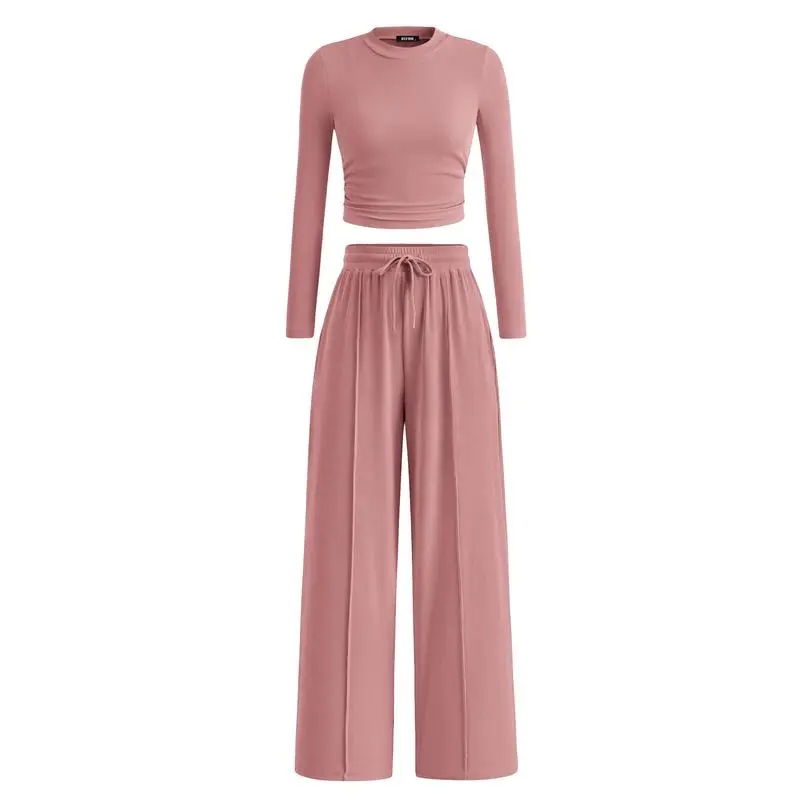 Ribbed Knit Set: Cropped Long-Sleeve Top and Wide-Leg Pants Casual Homewear Set