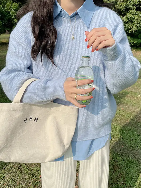 Round Neck Long Sleeve Relaxed Fit Pullover Sweater