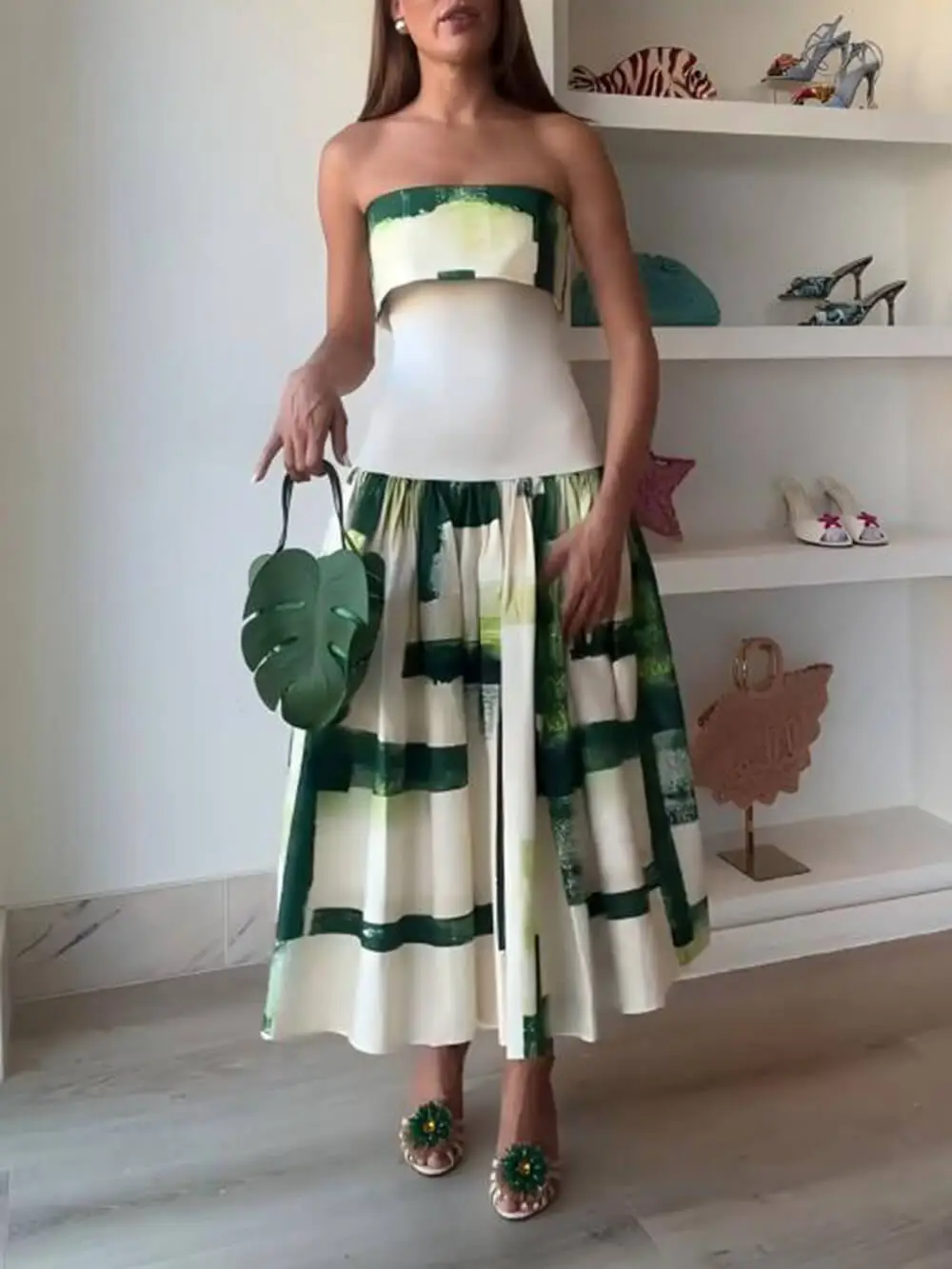 Elegant Printed Strapless Ribbed Fitted Midi Dress