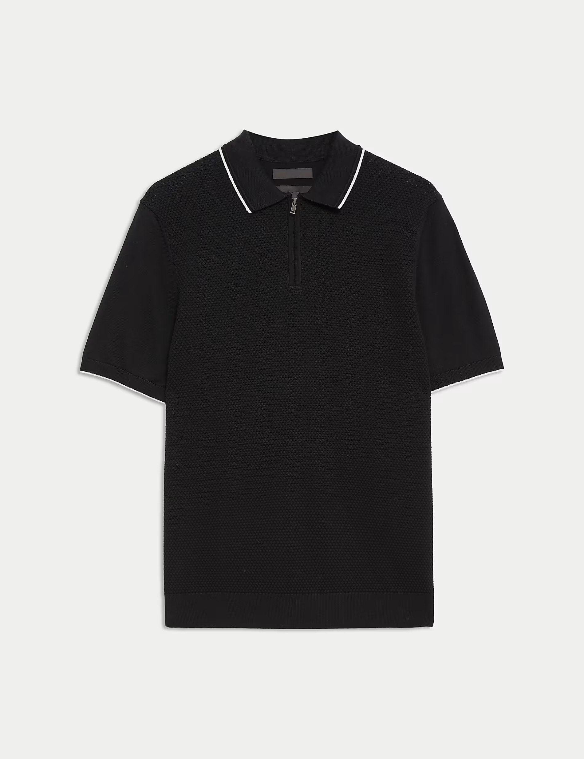 Men's Black Textured Knitted Polo Shirt