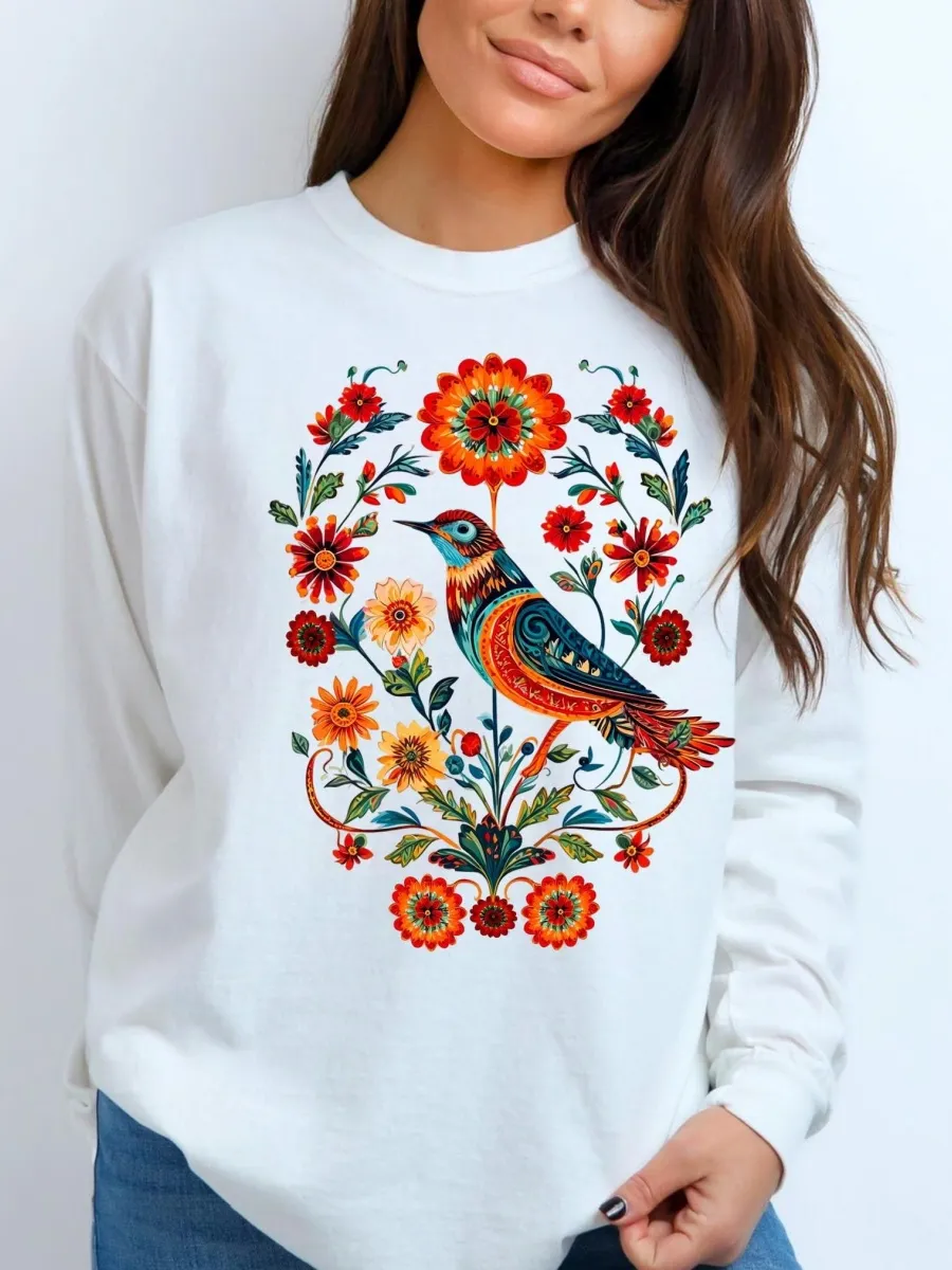 Folk Art Bird & Floral T-Shirt