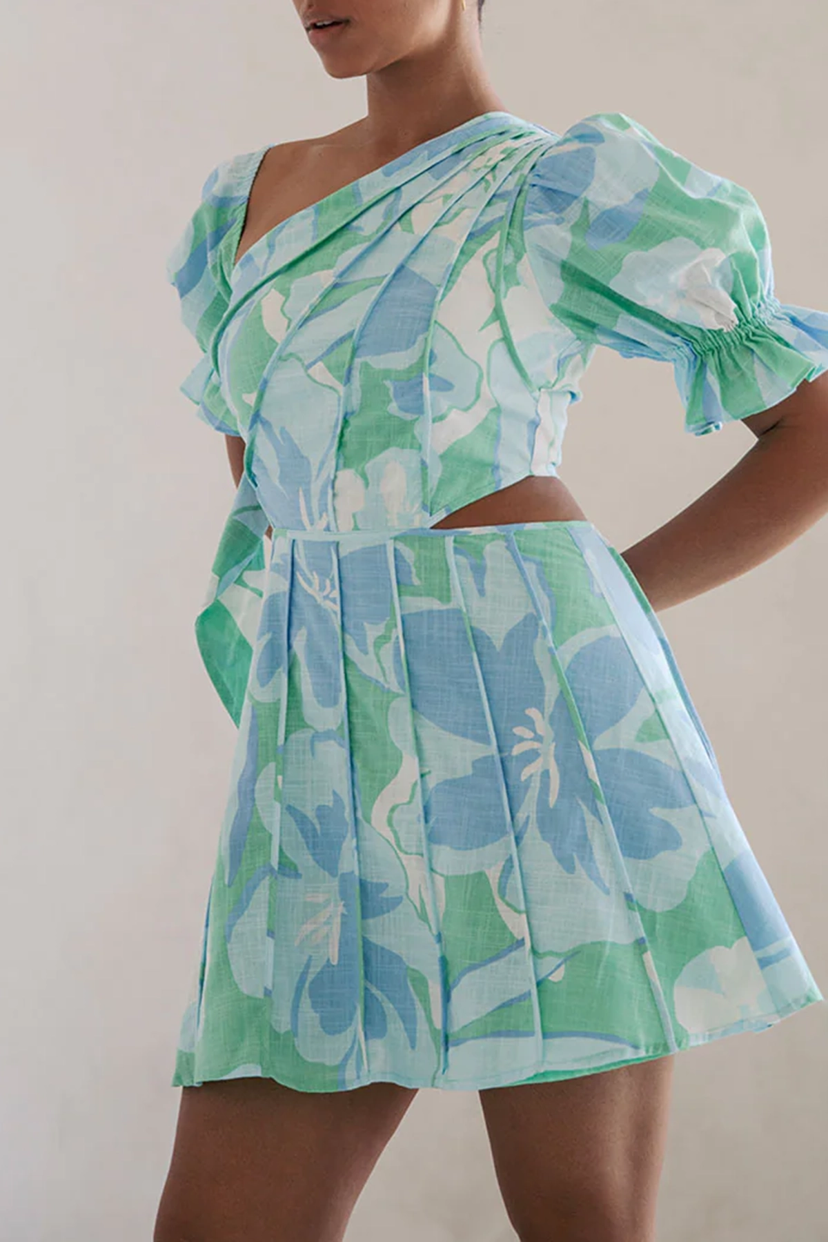 One Shoulder Puff Sleeve Cut Out Mini Dress