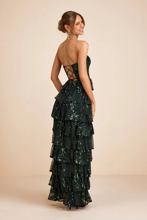 Definite Glamour Emerald Sequin Strapless Bustier Maxi Dress