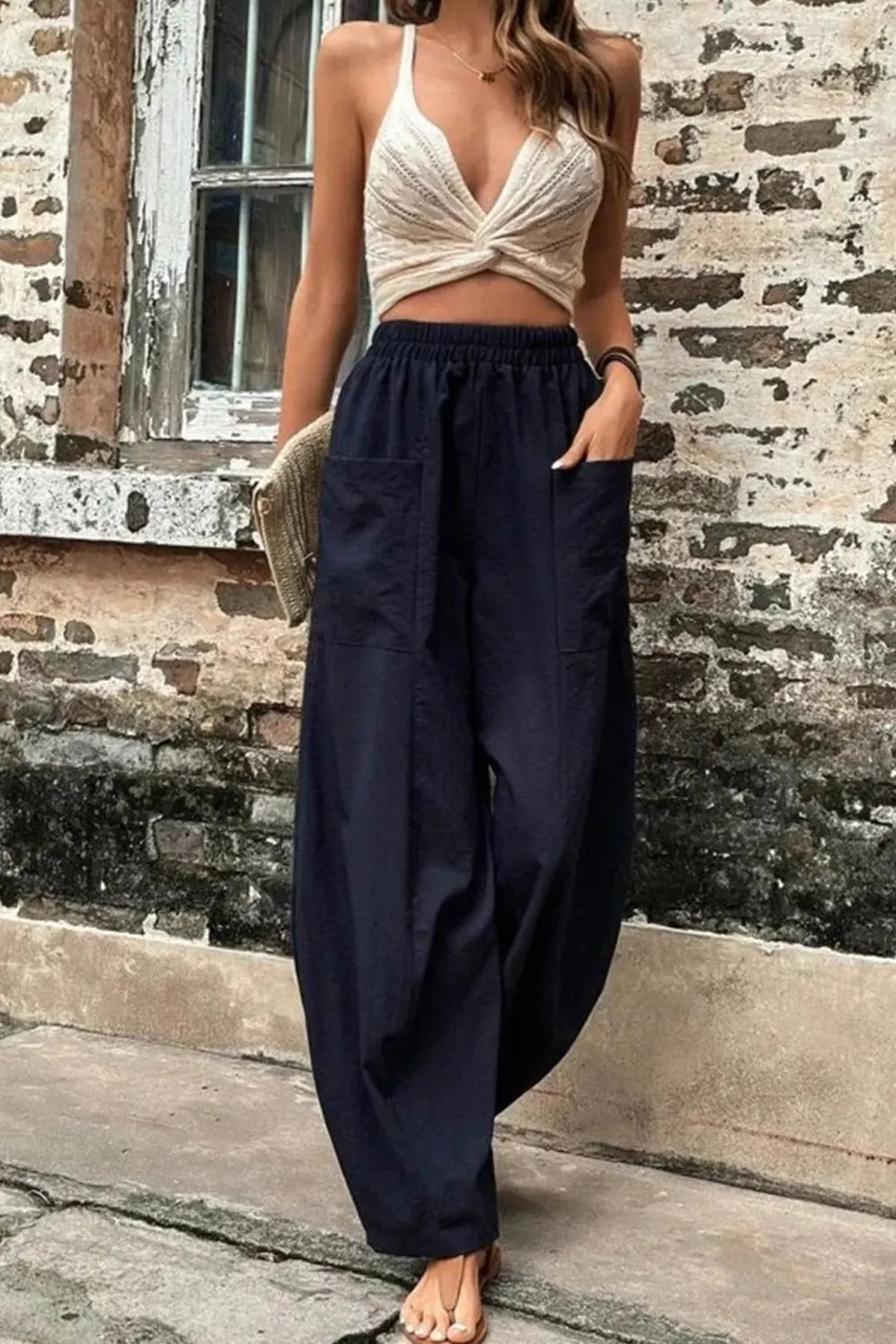 Elastic Waist Pocket Harem Pants