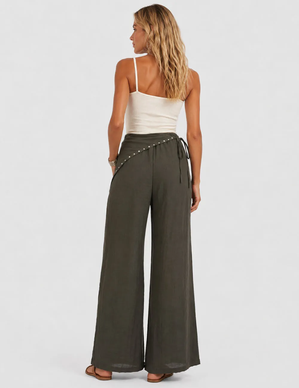 Detachable Studded Wrap Belt Wide Leg Pants