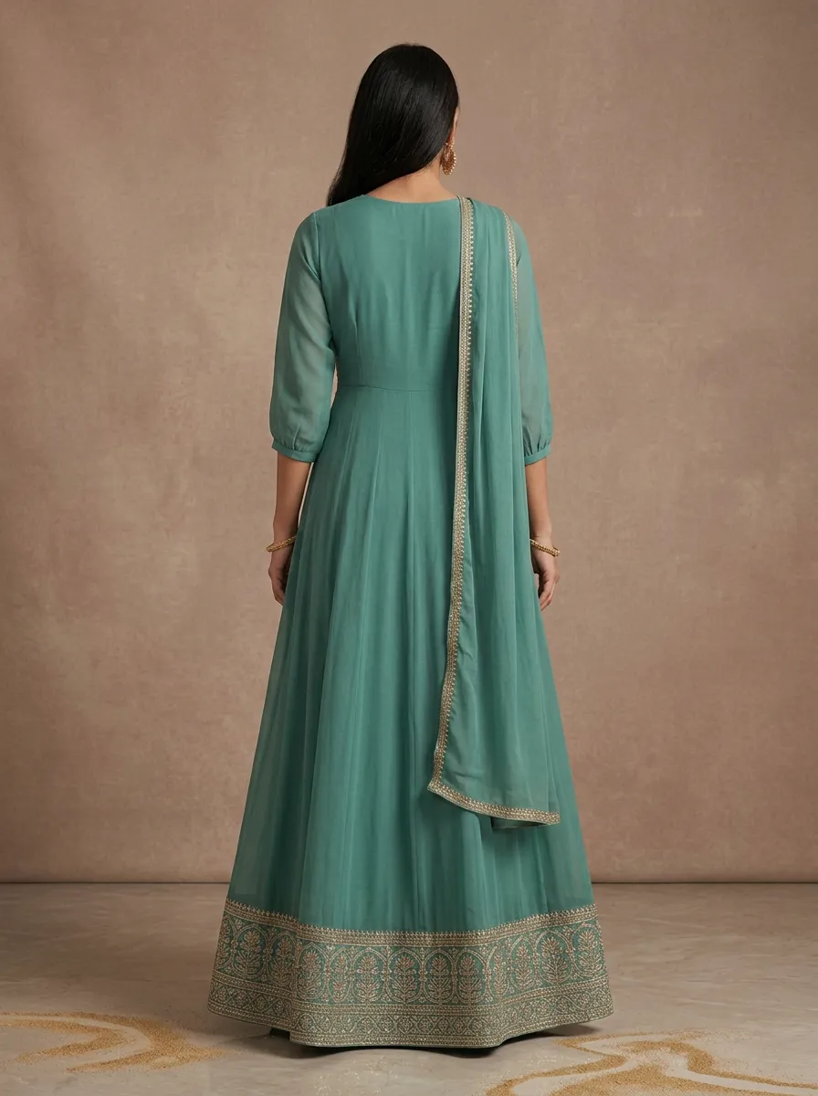 Women's Indian Floral Embroidered V-Neck Three-Quarter-Sleeve Anarkali Gown