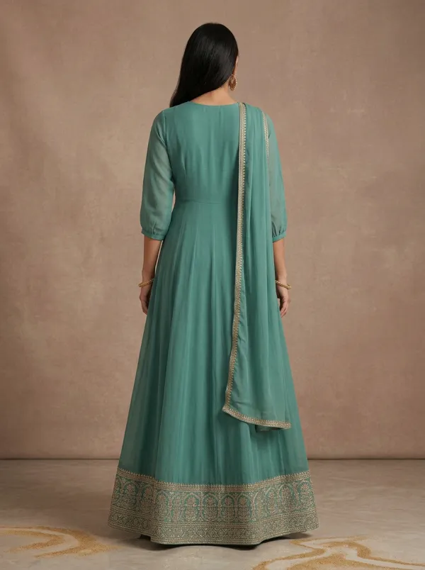 Women's Indian Floral Embroidered V-Neck Three-Quarter-Sleeve Anarkali Gown