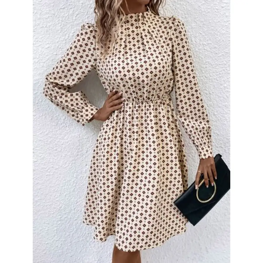 Printed Ruched Mock Neck Long Sleeve Dress
