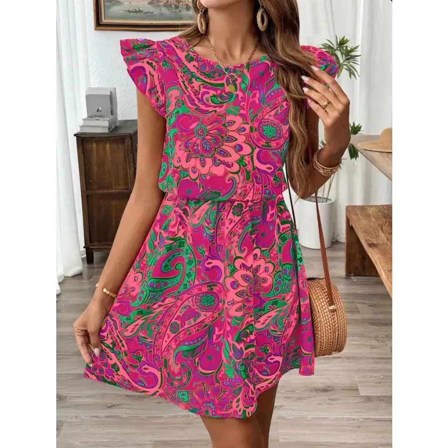 Paisley Print Ruffle Sleeve Mini Dress