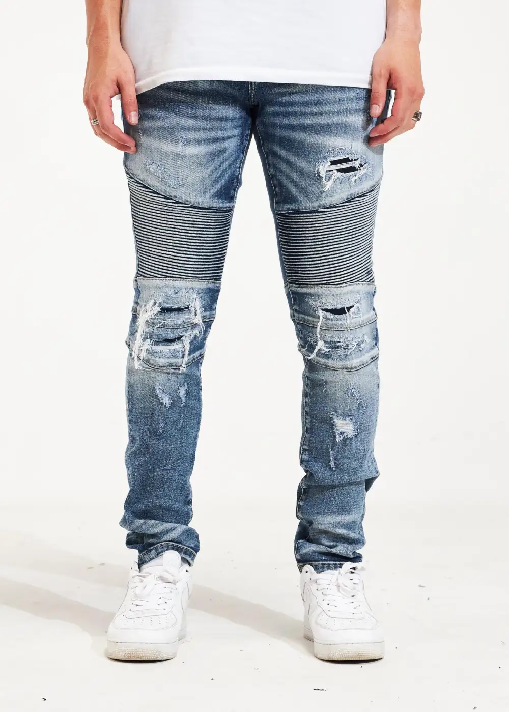 Distressed Ribbed Biker Jeans