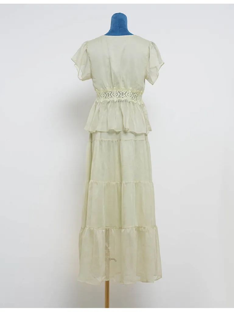 Lace Panel Button Front V Neck and Tiered Hem Midi Skirt Set