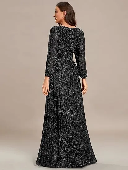 【EVER PRETTY 】curvy dress,Glittery Empire Waist A-Line Dress with Long Lantern Sleeves