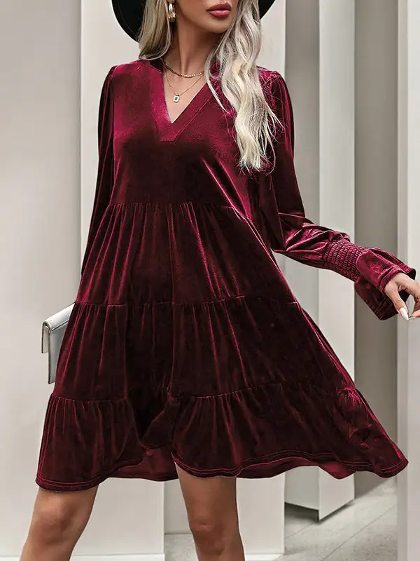A Line Long Sleeve Pleated Solid Color Velvet V Neck Mini