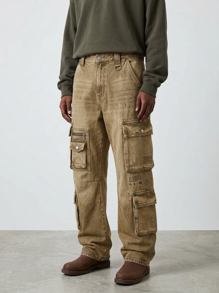 Men's Streetwear Vintage Washed Paint Splatter Printed Cargo Pants