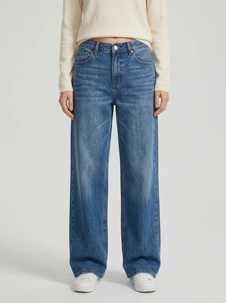 Women's Relaxed Contrast-Stitch Five-Pocket Wide-Leg Denim Jeans