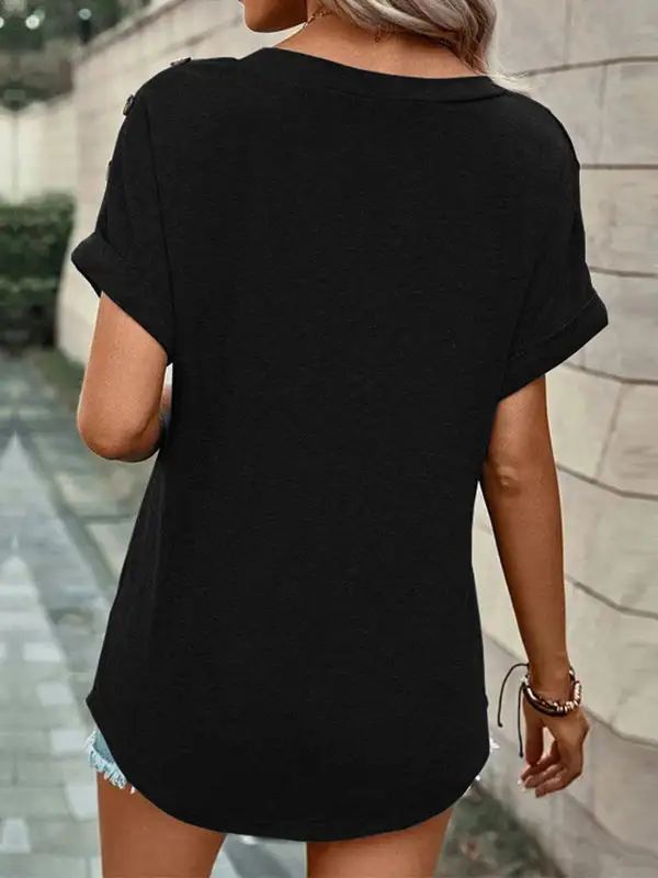 Relaxed Short Sleeve Button Detail V-Neck Polyester T-Shirt