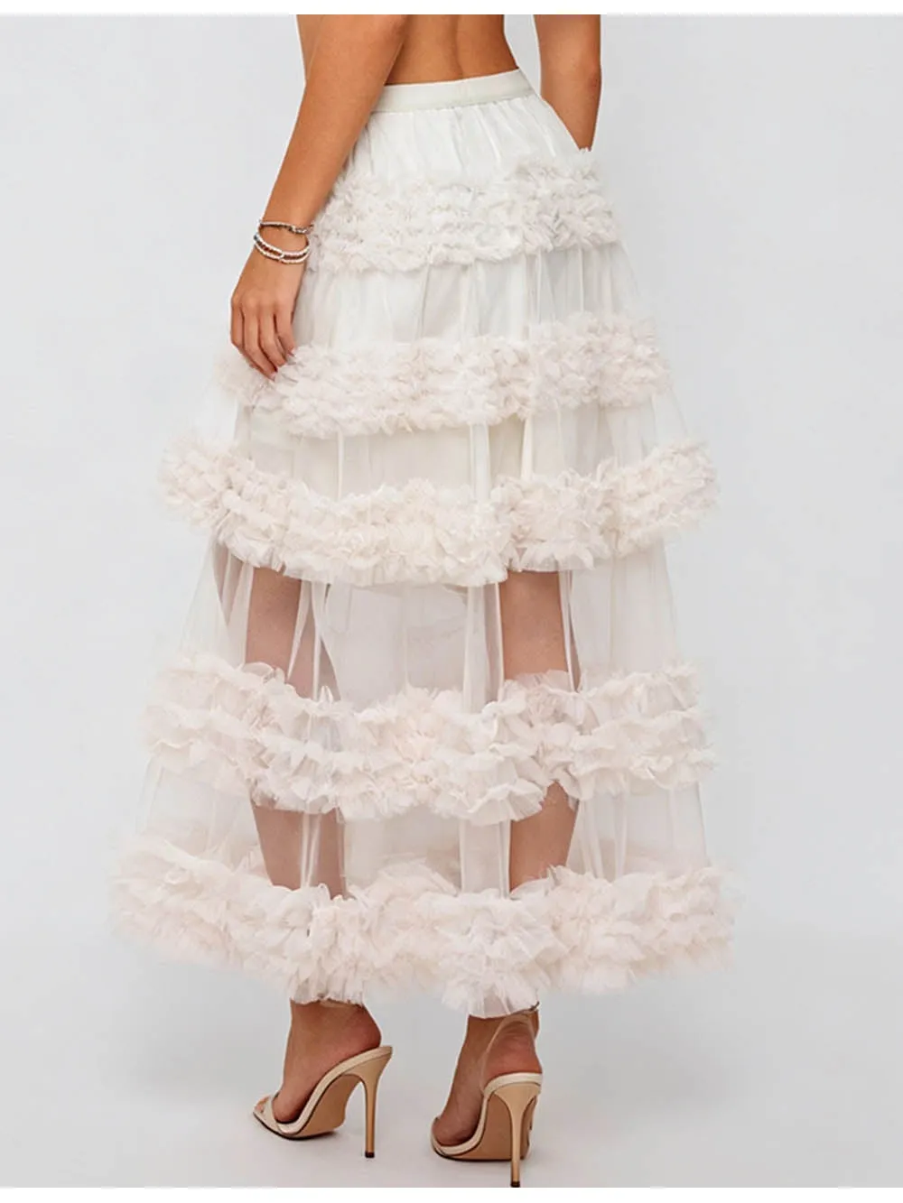 Layered Ruffle Sheer Mesh Elastic Waist Maxi Skirt