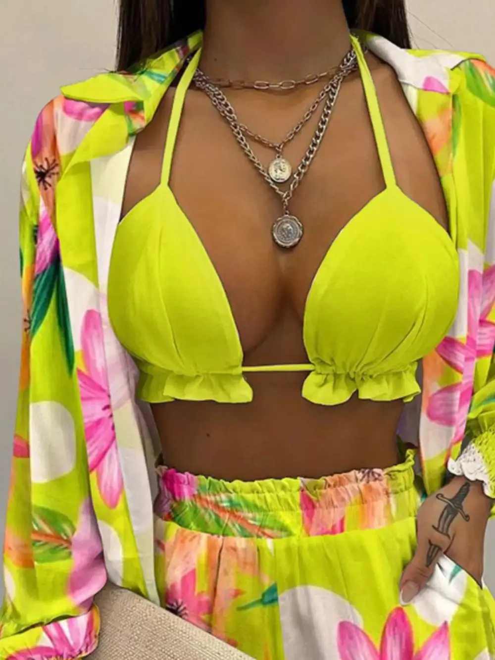 Halter Neck Cami & Shirt & Shorts Piece Outfit Set